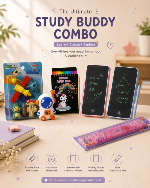 Ultimate Study Buddy Combo for Kids | Scratch Pad, LCD Writing Tablet with Geometry Box, Astronaut Sharpener, Erasers Pack & Cute Scale | Back to School Stationery Gift Set