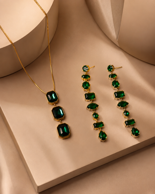 Anti Tarnish Emerald Pendant & Long Earrings Combo Set