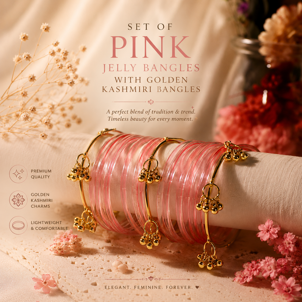 Pink Jelly Bangles with Golden Kashmiri Bangles Set | Elegant Ethnic Bangle Combo for Women