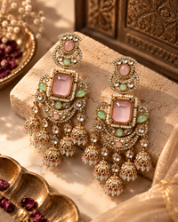 Premium Festive Indian Earrings for Women, Heavy-Look Lightweight Statement Earrings with Pink & Red Stones and Pearl Detailing for Karwa Chauth, Diwali, Weddings & Functions