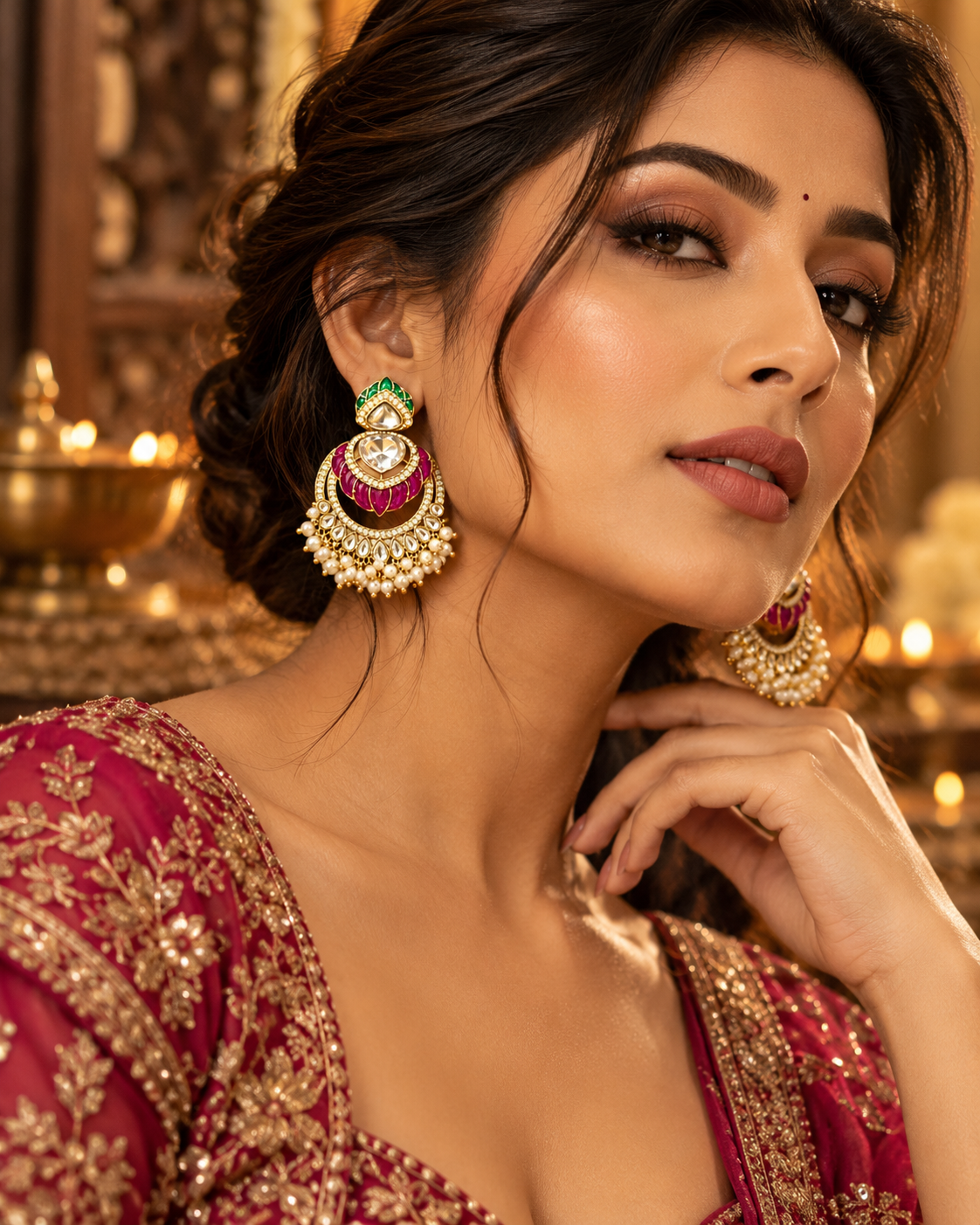 Royal Pink & Green Chandbali Earrings with Pearl Drops – Gold-Tone Traditional Indian Statement Jewellery