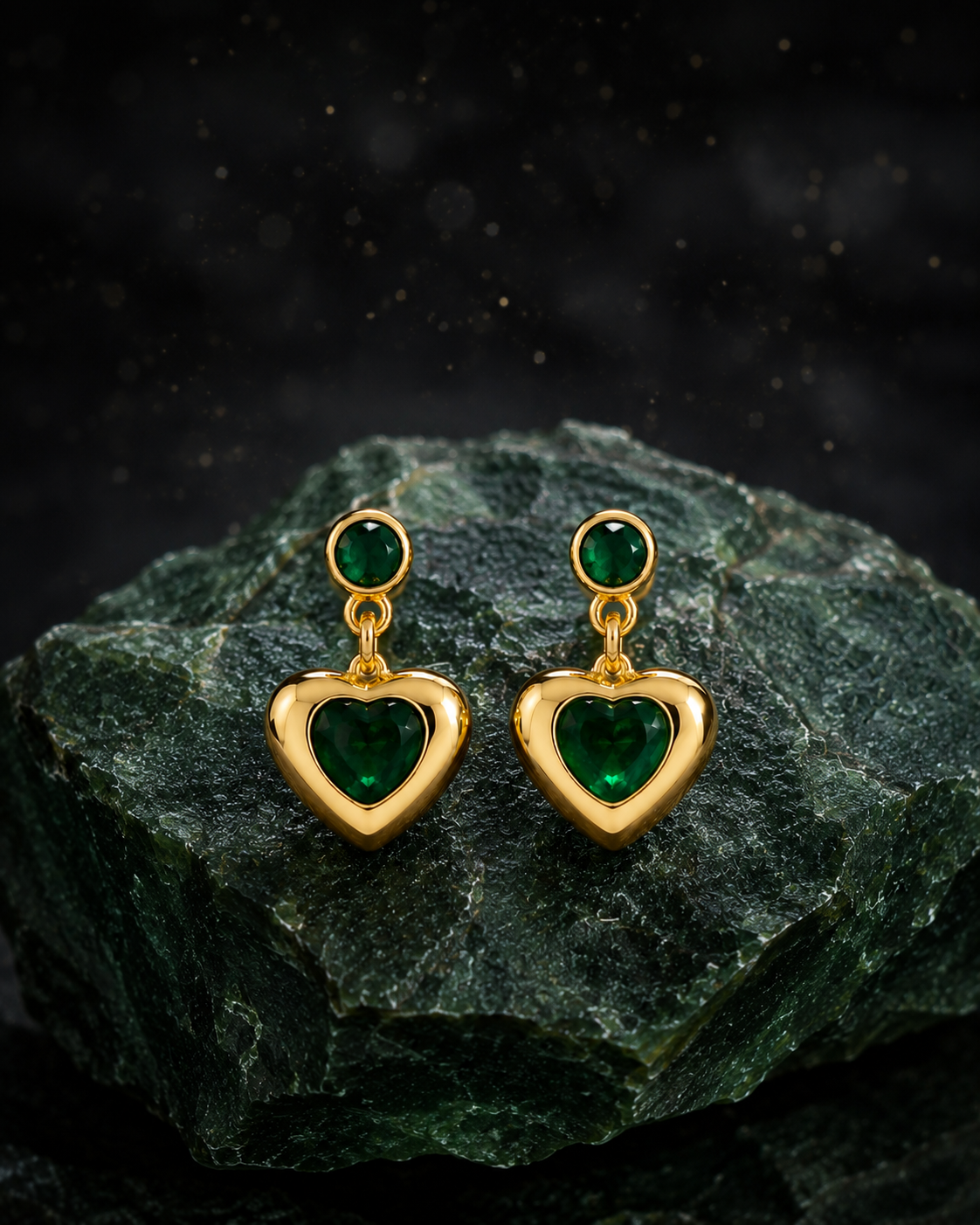 Anti Tarnish Green Heart Drop Earrings | Gold Stainless Steel Studs