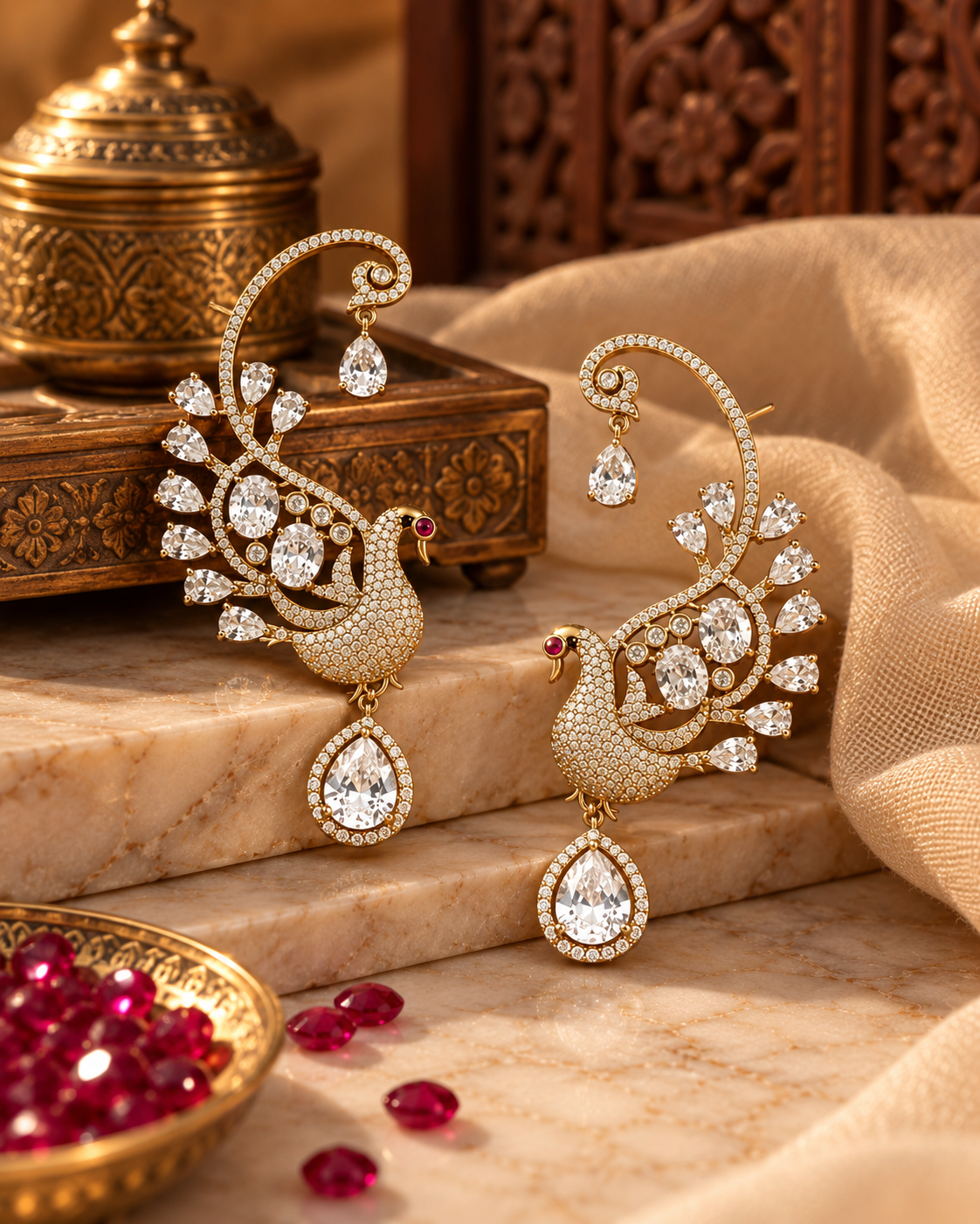 Premium Ear Cuff Earrings for Women, Festive Indian Heavy-Look Lightweight Ear Cuffs, Unique Peacock Design Jewellery for Karwa Chauth, Diwali, Weddings & Functions