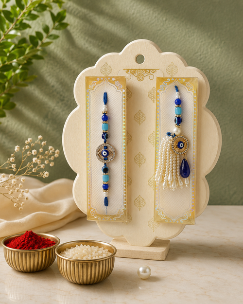 Premium AD Bhaiya Bhabhi Rakhi Set with Evil Eye | Designer Couple Rakhi with Lumba | Raksha Bandhan Rakhi with Roli Chawal