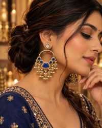 Traditional Gold-Tone Chandbali Earrings with Stone Work & Pearl Jhumki Drops