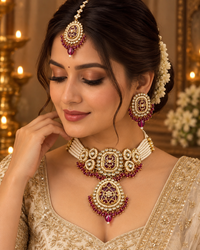 Premium Indian Necklace Set for Women with Earrings & Maang Tikka, Heavy-Look Lightweight Festive Jewellery Set for Karwa Chauth, Diwali, Weddings & Parties, Maroon