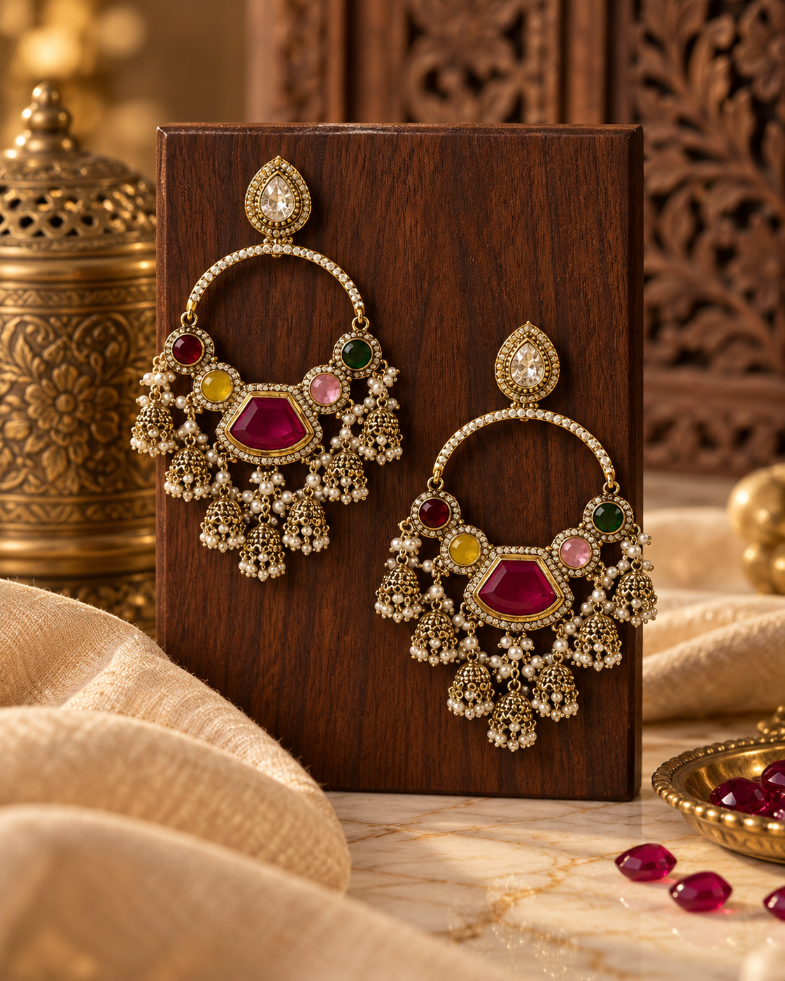 Traditional Gold-Tone Chandbali Earrings with Stone Work & Pearl Jhumki Drops