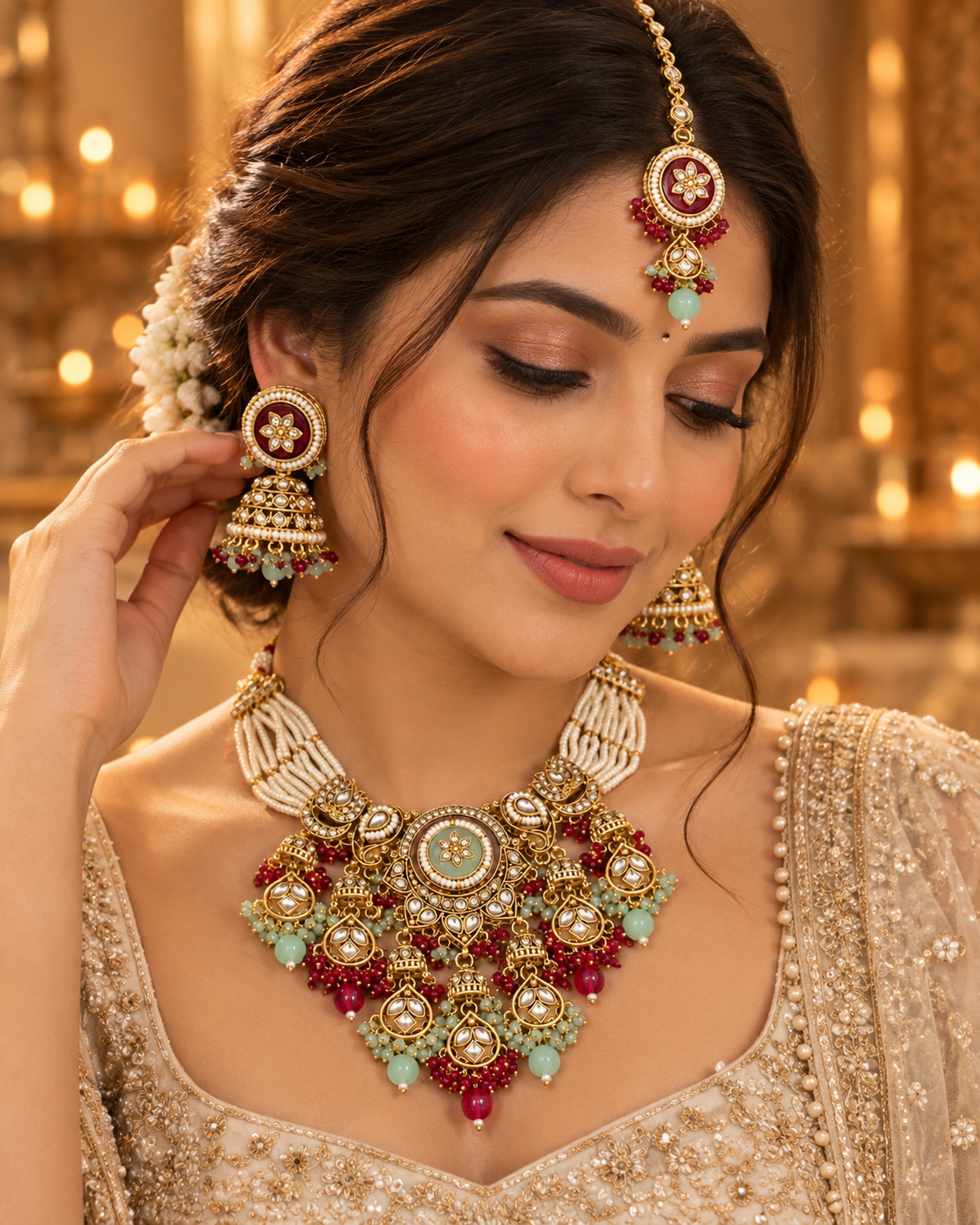 Multicolour Royal Necklace Set for Women with Earrings & Maang Tikka, Heavy Look Indian Festive Jewellery for Wedding, Diwali, Karwa Chauth & Special Occasions