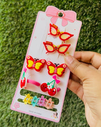 Navratri Kanjak Hamper Pack of 10, Girls Hair Accessories Set with 2-Colour Dry Clay & 2 Eclairs, Colourful Butterfly and Flower Hair Clips, Kanya Pujan Return Gift