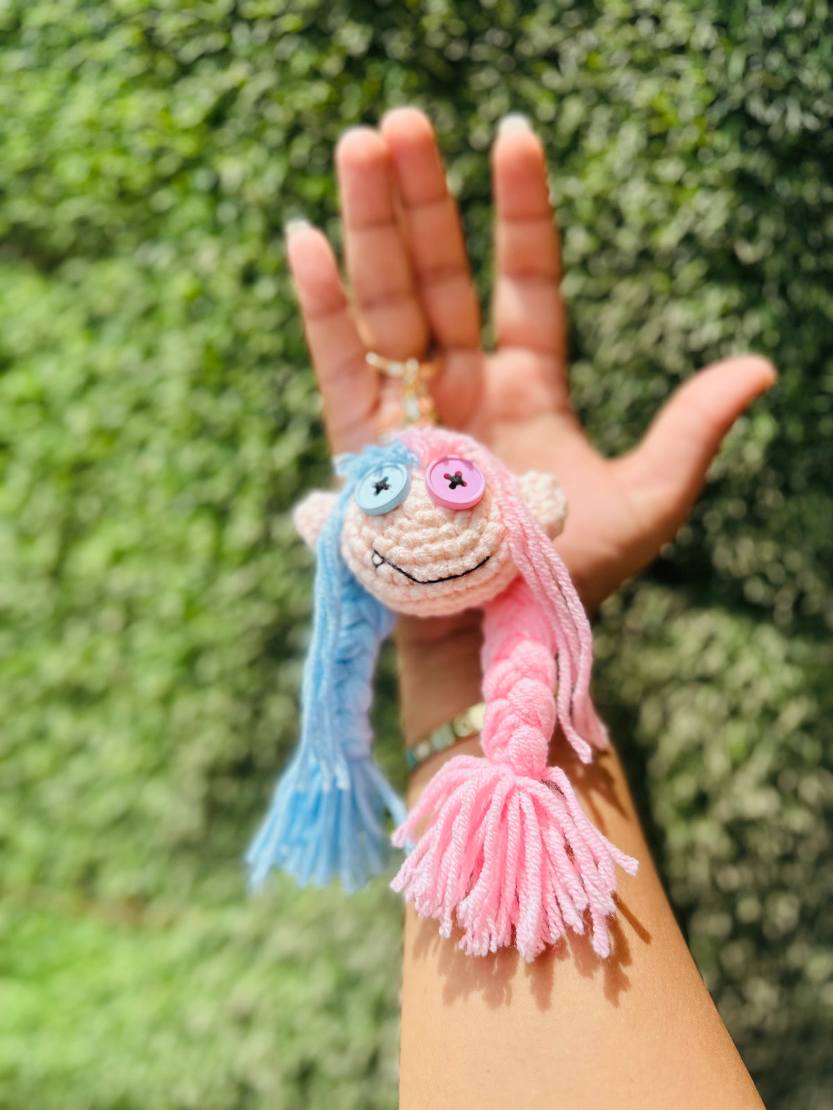 Crochet Doll Keychain with Pink & Blue Yarn Hair, Cute Doll Bag Charm and Backpack Charm for Girls, Boys & Gifting