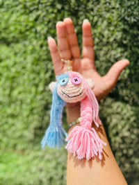 Crochet Doll Keychain with Pink & Blue Yarn Hair, Cute Doll Bag Charm and Backpack Charm for Girls, Boys & Gifting