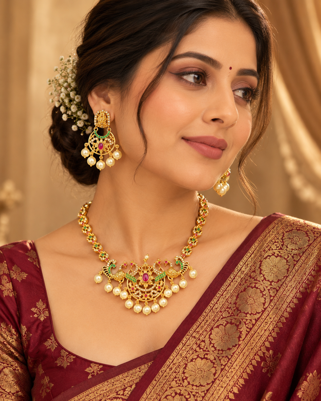South Indian Style Necklace Set for Women, Multicolour Gold-Look Temple Jewellery with Matching Earrings, Peacock Design Festive Ethnic Jewellery for Wedding, Diwali & Functions