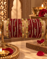 Maroon Bangles for Women, Designer Stone Studded Kangan Set with Gold-Tone Traditional Detailing, Indian Ethnic Jewellery for Wedding & Festive Wear, Size 2.6