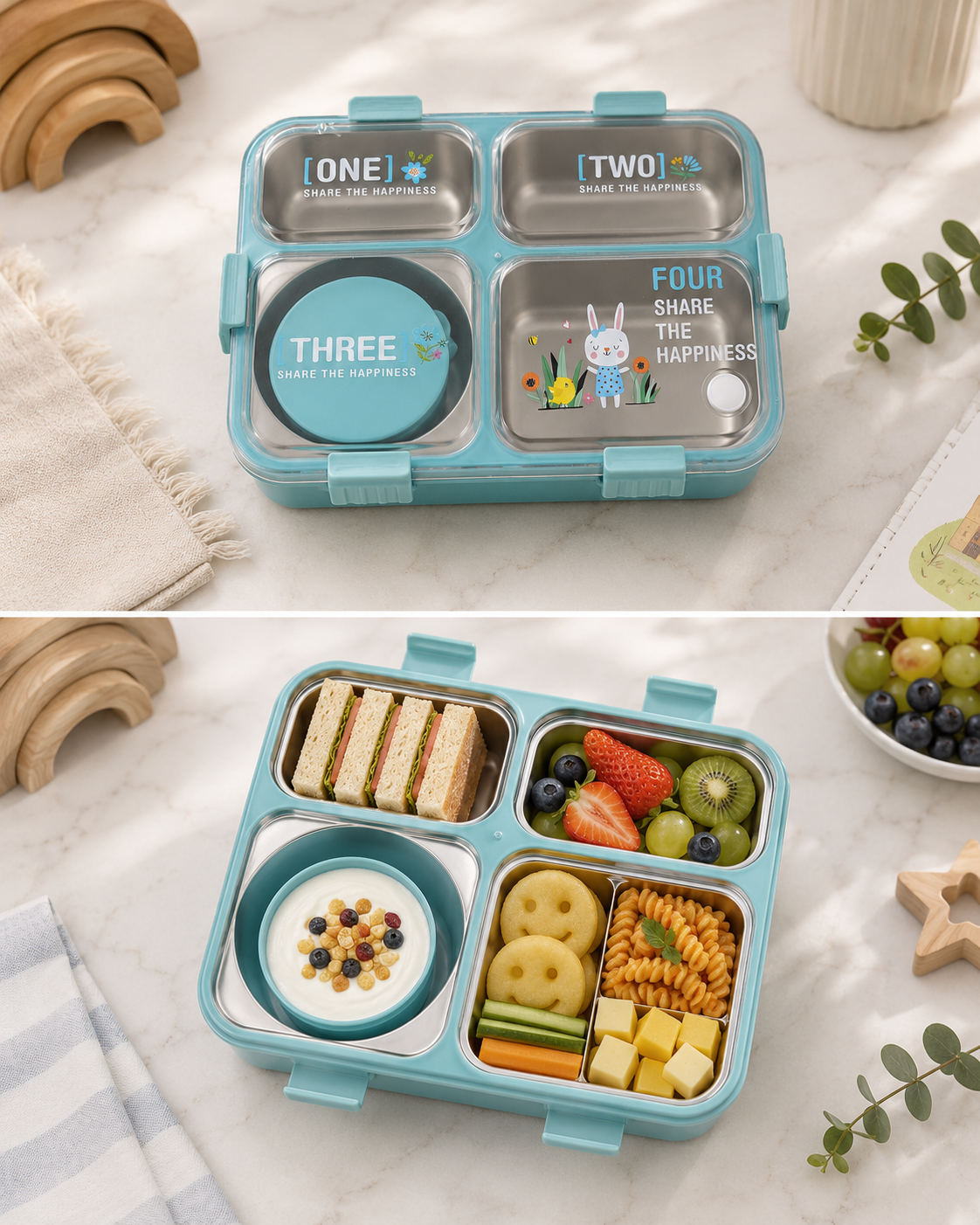 Kids Leakproof Stainless Steel Lunch Box with Snack Cup & 4 Compartments