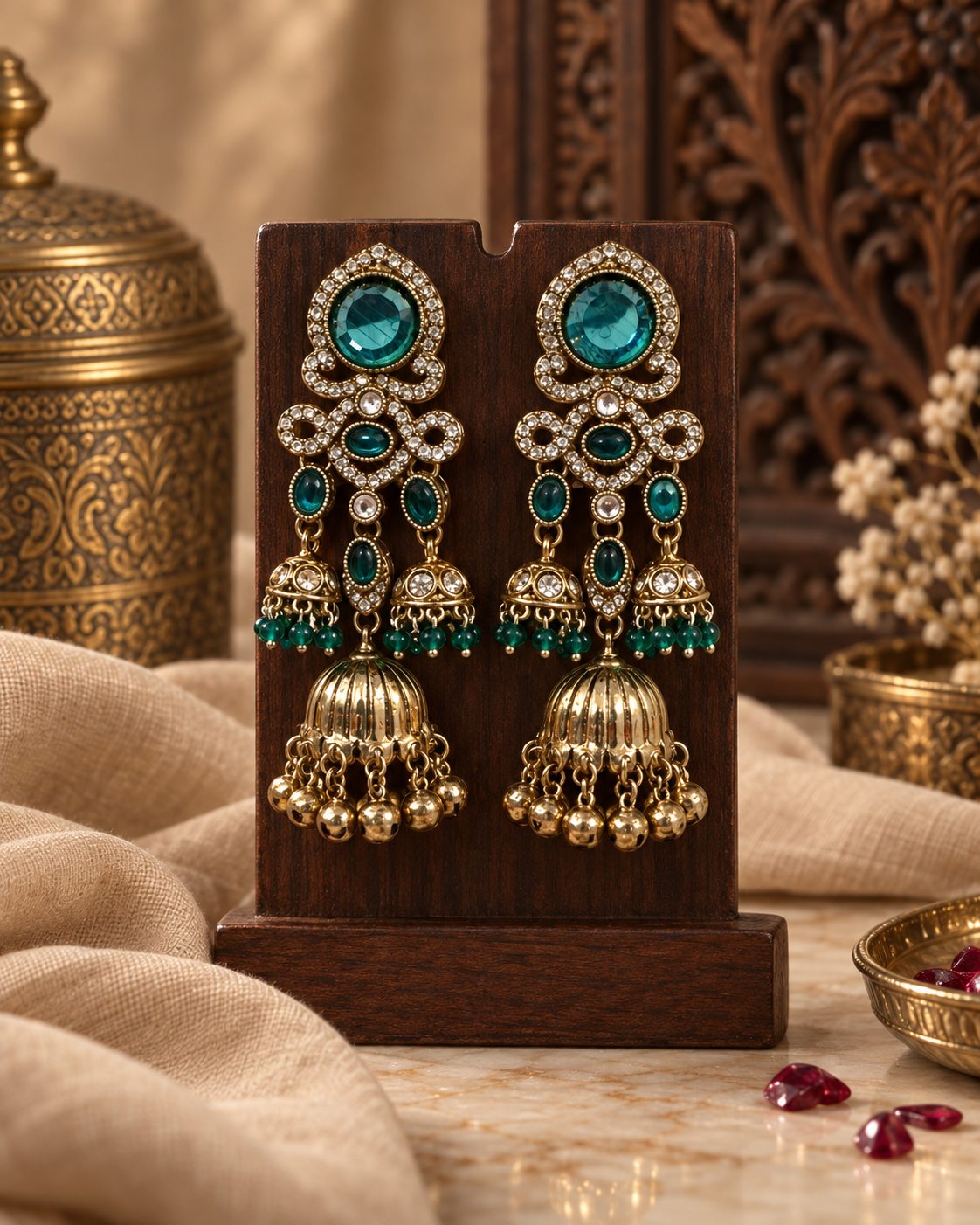 Jhumka Earrings for Women, Traditional Kundan Style Gold-Tone Chandbali Jhumki Earrings with Crystal & Bead Detailing, Ethnic Party Wear Jewellery for Wedding & Festive Occasions