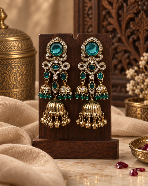 Jhumka Earrings for Women, Traditional Kundan Style Gold-Tone Chandbali Jhumki Earrings with Crystal & Bead Detailing, Ethnic Party Wear Jewellery for Wedding & Festive Occasions