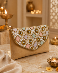 Beige Floral Embellished Clutch Bag | Wedding & Party Clutch