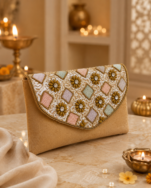 Beige Floral Embellished Clutch Bag | Wedding & Party Clutch