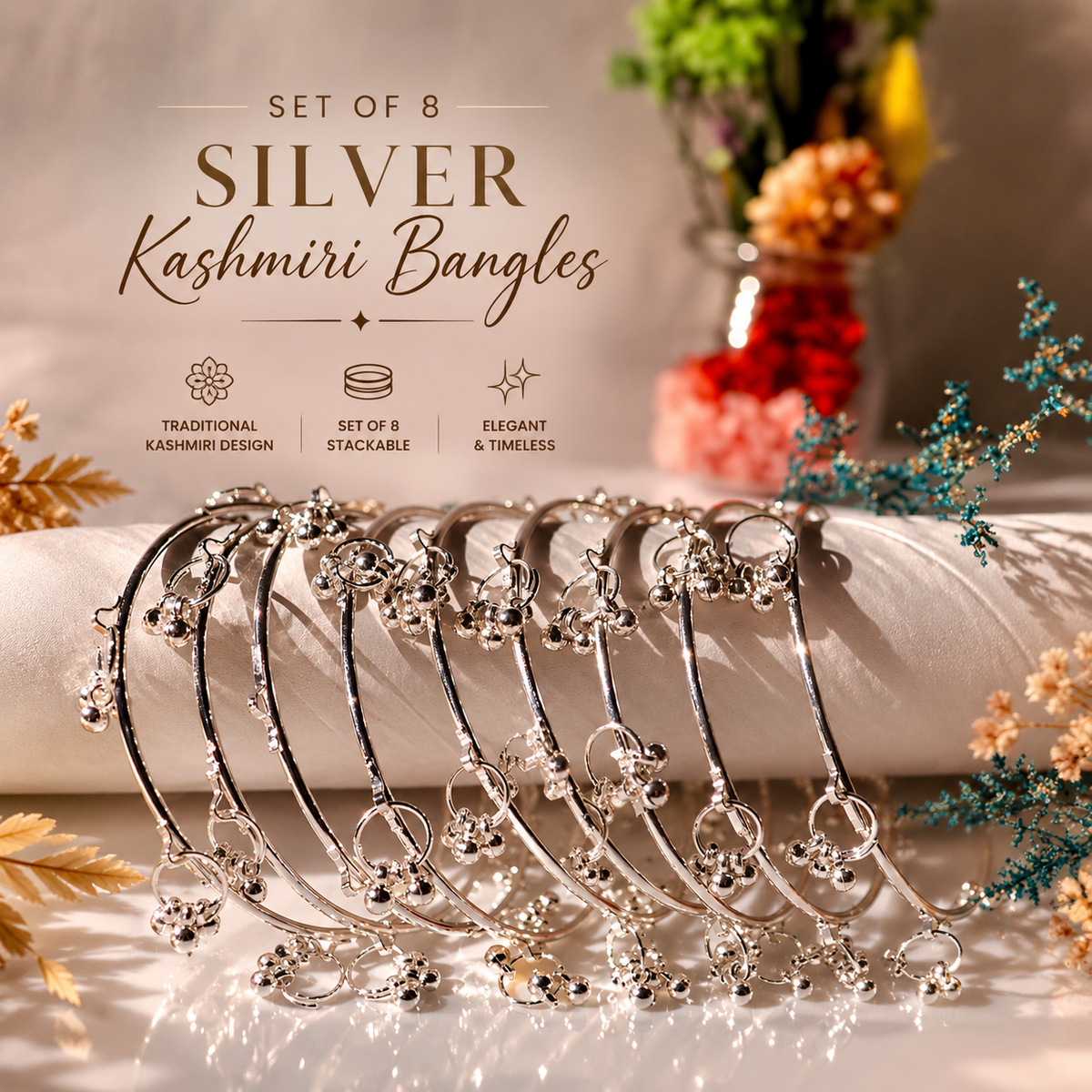 Set of 8 Silver Kashmiri Bangles for Women | Traditional Lightweight Stackable Ethnic Bangles