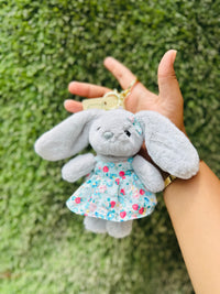 Cute Grey Bunny Plush Keychain in Floral Dress | Soft Rabbit Bag Charm & Backpack Accessory for Girls & Kids
