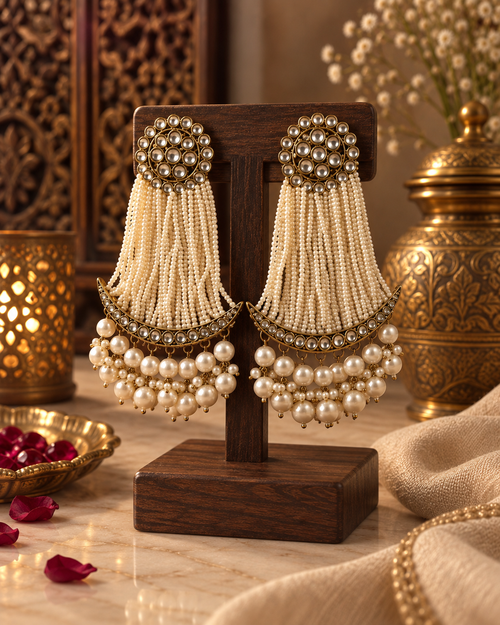 Pearl Chandbali Earrings for Women, Long Indian Ethnic Statement Earrings with Kundan-Style Stones & Pearl Drops, Traditional Wedding & Festive Jewellery