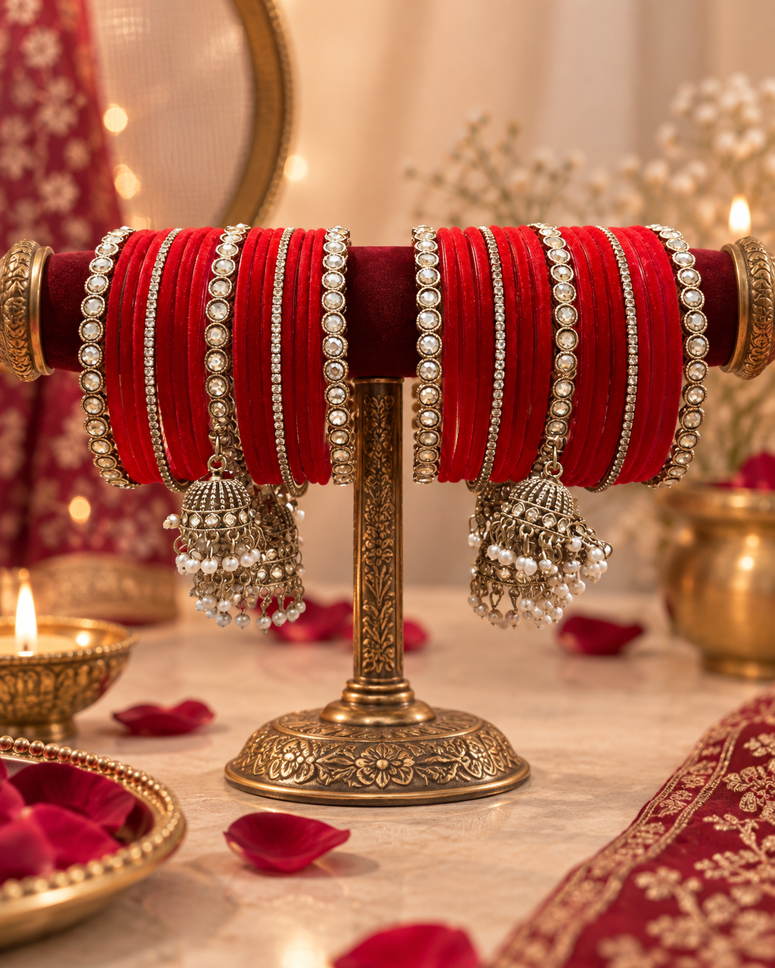 Red Velvet Bangle Set for Women, Designer Stone Studded Chooda Kangan, Traditional Ethnic Jewellery for Wedding Festive Wear, Size 2.6