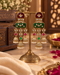 Festive Indian Earrings for Women, Traditional Kundan-Style Jhumka Drop Earrings with Red & Green Detailing, Ethnic Jewellery for Karwa Chauth, Wedding & Diwali