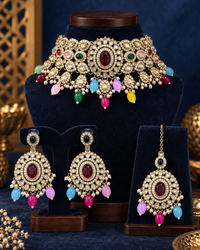 Premium Indian Multicolour Necklace Set for Women with Earrings & Maang Tikka, Heavy-Look Lightweight Festive Jewellery Set for Karwa Chauth, Diwali, Weddings & Parties