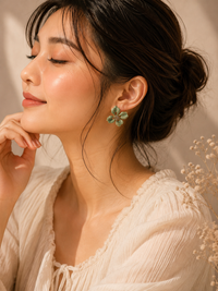 Sage Bloom Anti-Tarnish Enamel Earrings | Floral Statement Stud Earrings | Elegant Flower Earrings for Women