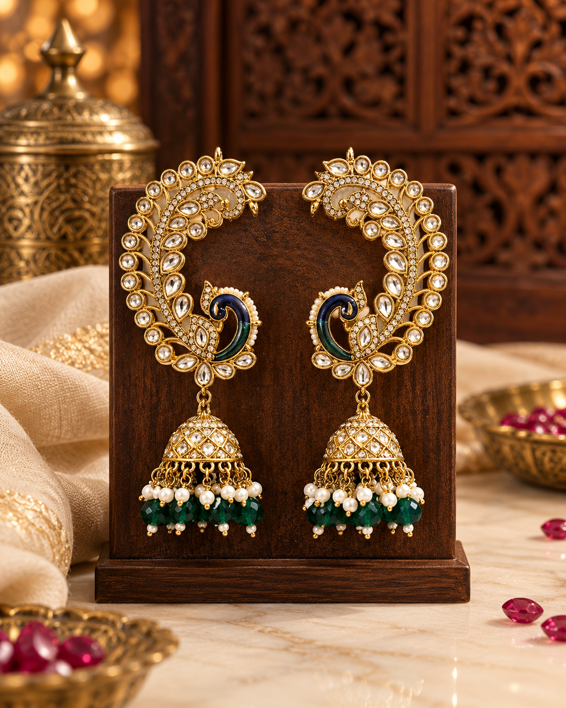 Gold-Plated Peacock Design Kundan Jhumka Earrings with Green Bead Drops