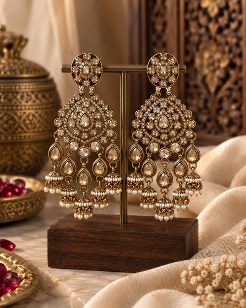 Chandbali Earrings for Women, Traditional Indian Ethnic Jewellery with Crystal-Style Stones & Pearl Jhumka Drops, Statement Earrings for Wedding & Festive Wear