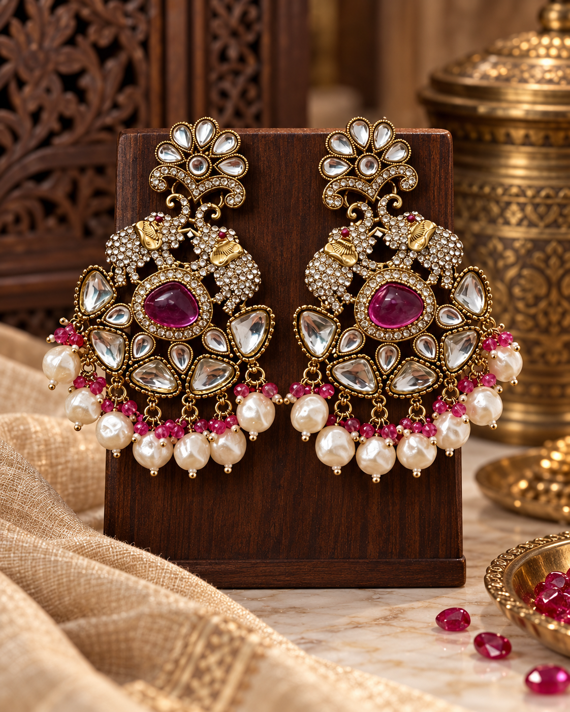 Premium Indian Statement Earrings for Women, Heavy-Look Lightweight Ethnic Earrings with Pearl and Gemstone-Style Detailing for Karwa Chauth, Diwali, Weddings & Parties