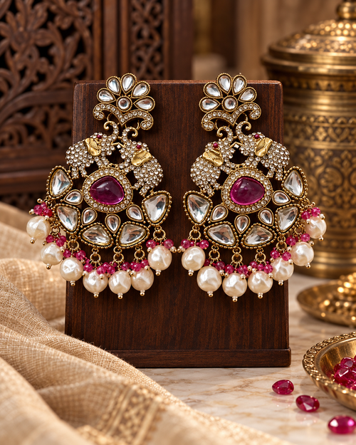 Premium Indian Statement Earrings for Women, Heavy-Look Lightweight Ethnic Earrings with Pearl and Gemstone-Style Detailing for Karwa Chauth, Diwali, Weddings & Parties