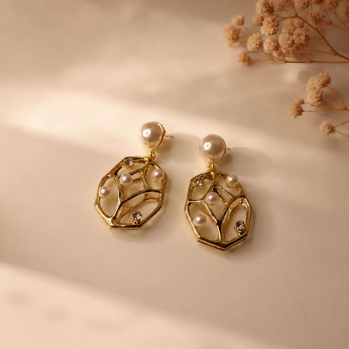 Pearl Bloom Anti-Tarnish Drop Earrings | Elegant Pearl Statement Earrings | Gold Geometric Earrings for Women