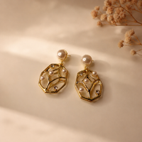 Pearl Bloom Anti-Tarnish Drop Earrings | Elegant Pearl Statement Earrings | Gold Geometric Earrings for Women