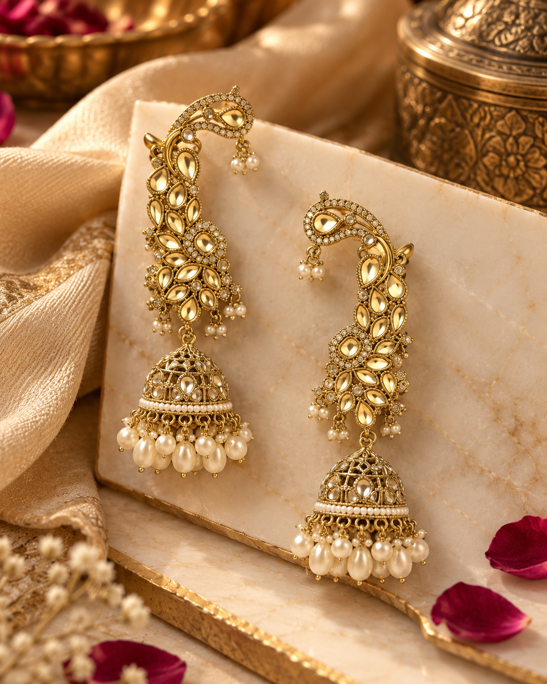 Traditional Kundan Jhumka Earrings with Pearl Drops for Women | Gold-Tone Ethnic Jewellery