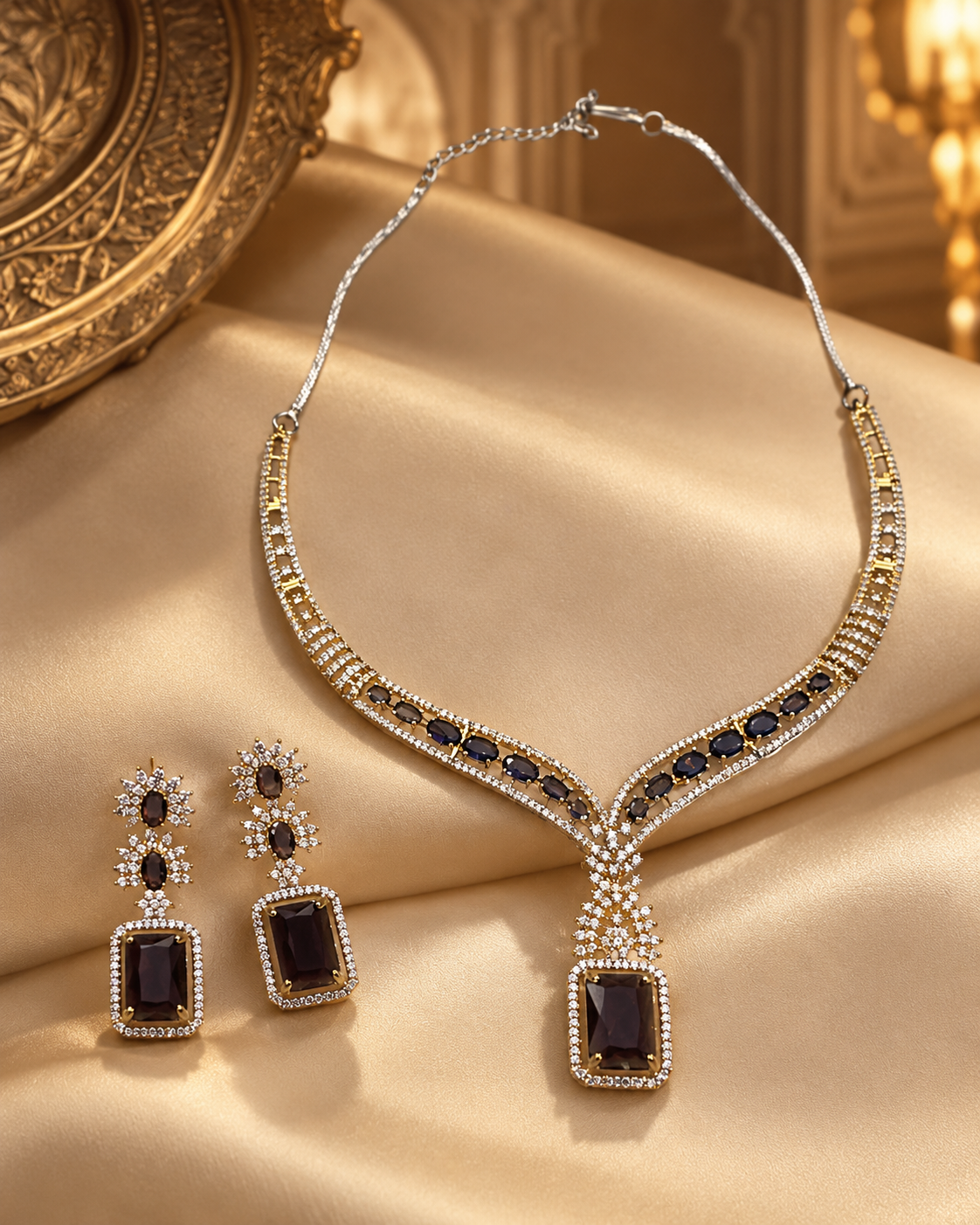 Indian AD Hasli Necklace Set for Women, Heavy Look Statement Necklace with Matching Earrings for Karwa Chauth, Wedding, Festive, Diwali & Party Wear