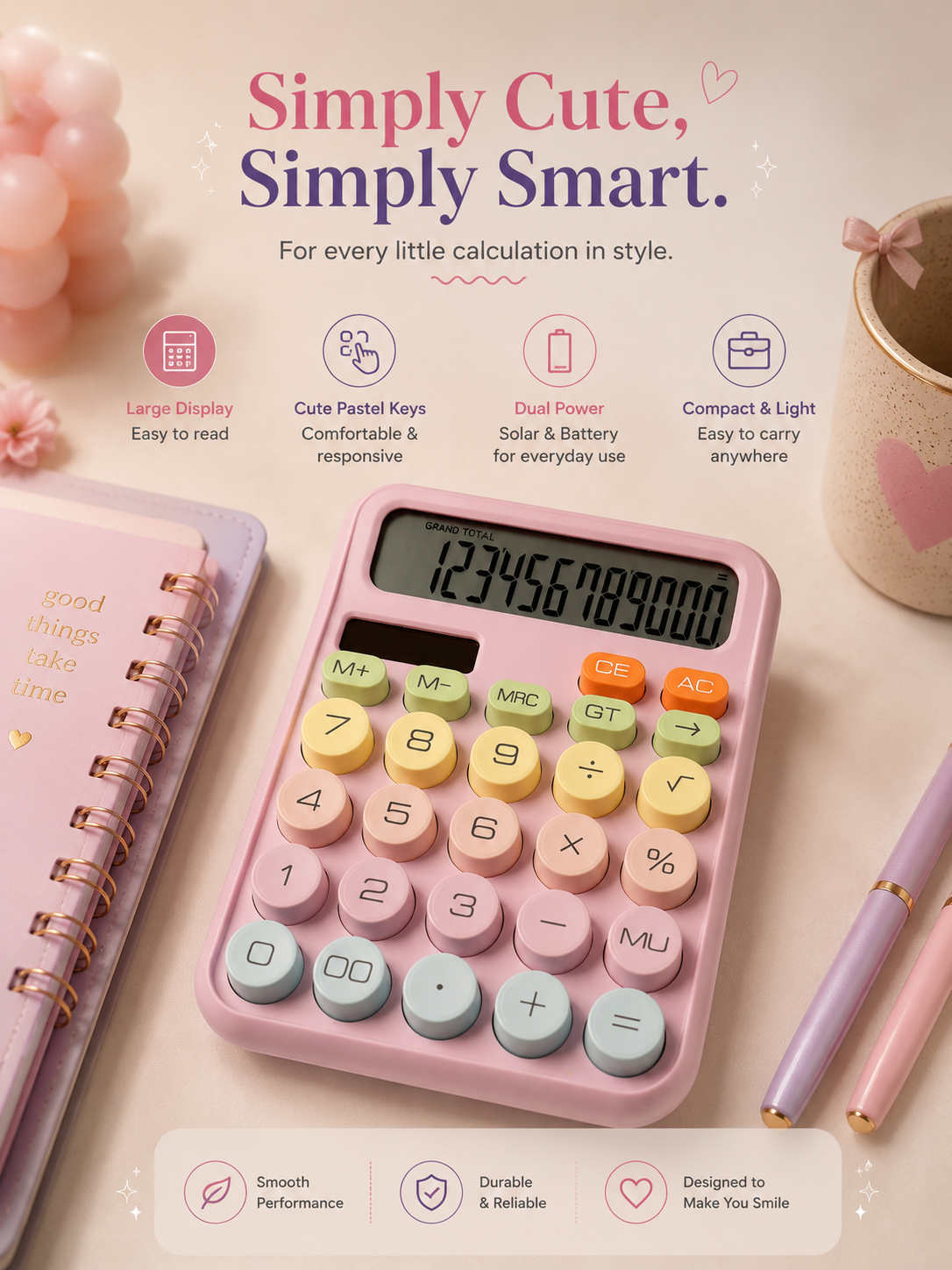 Cute Pastel Dual Power Calculator | Large Display | Solar & Battery | Aesthetic Desk Calculator for Students & Office