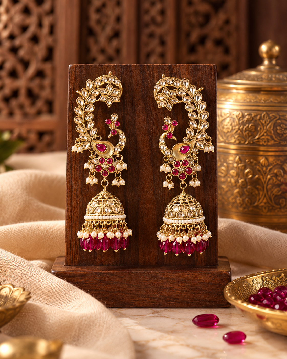 Traditional Gold-Tone Peacock Jhumka Earrings with Ruby Pink Stones & Pearl Drops for Women