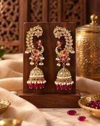 Traditional Gold-Tone Peacock Jhumka Earrings with Ruby Pink Stones & Pearl Drops for Women
