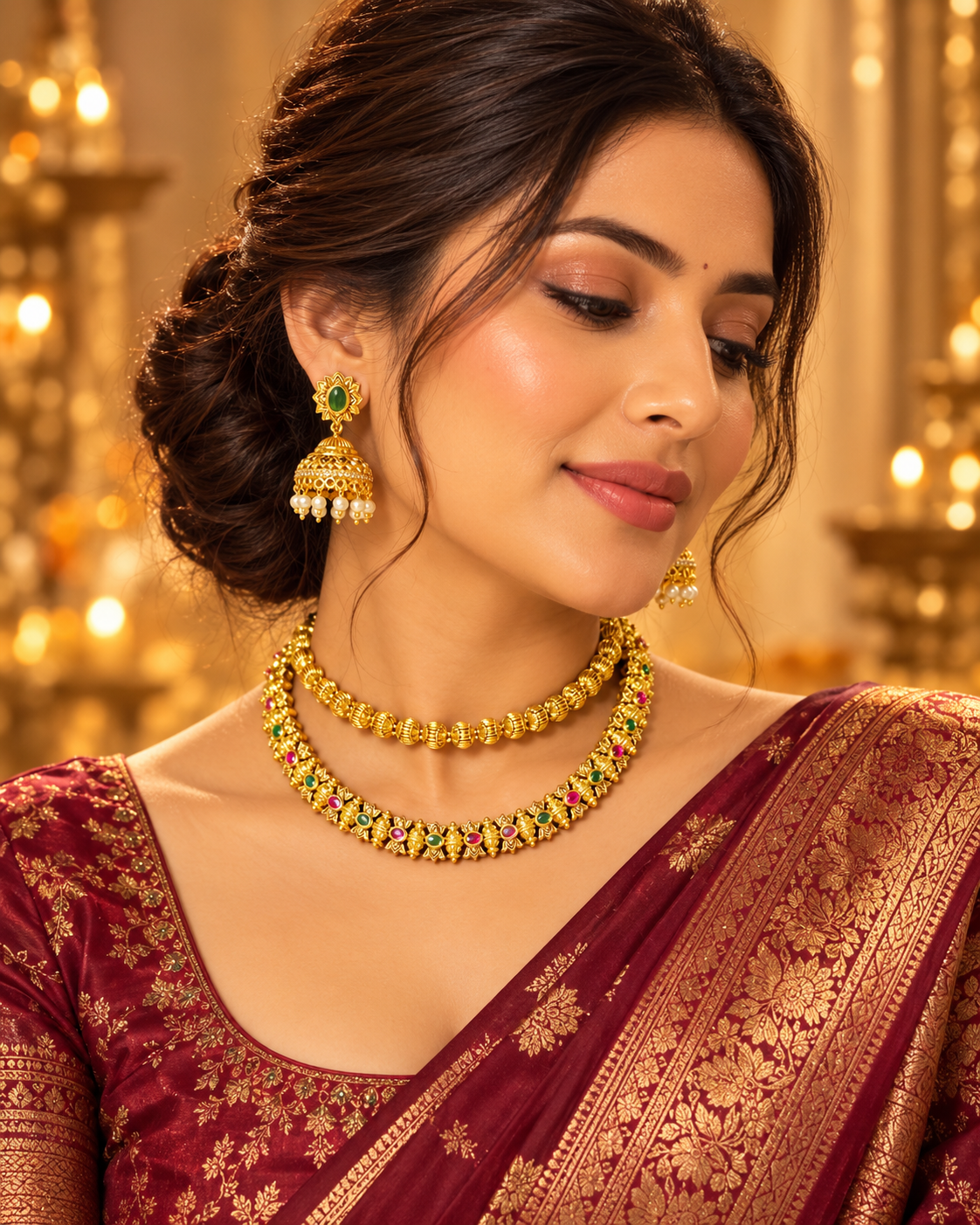 South Indian Style Necklace Set for Women, Multicolour Gold-Look Temple Jewellery with Matching Earrings, Heavy Look Festive Ethnic Jewellery for Wedding, Diwali & Functions