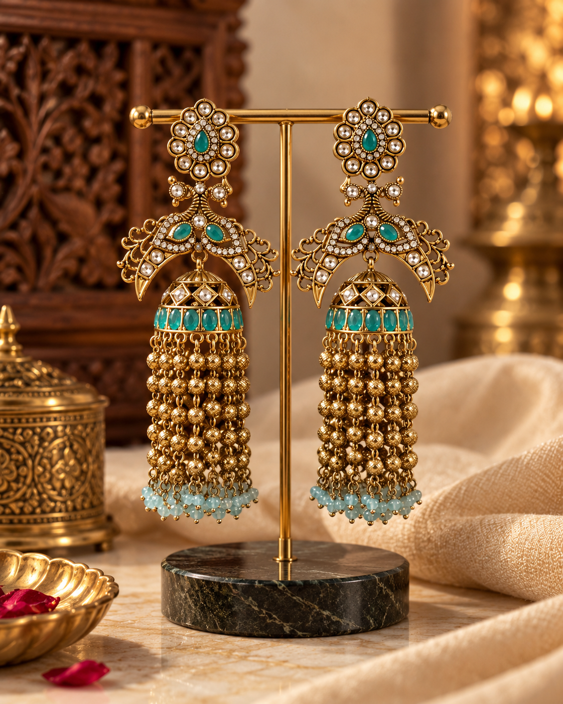 Premium Festive Indian Earrings for Women, Heavy-Look Lightweight Statement Earrings with Beads & Pearl Detailing for Karwa Chauth, Diwali, Weddings & Functions