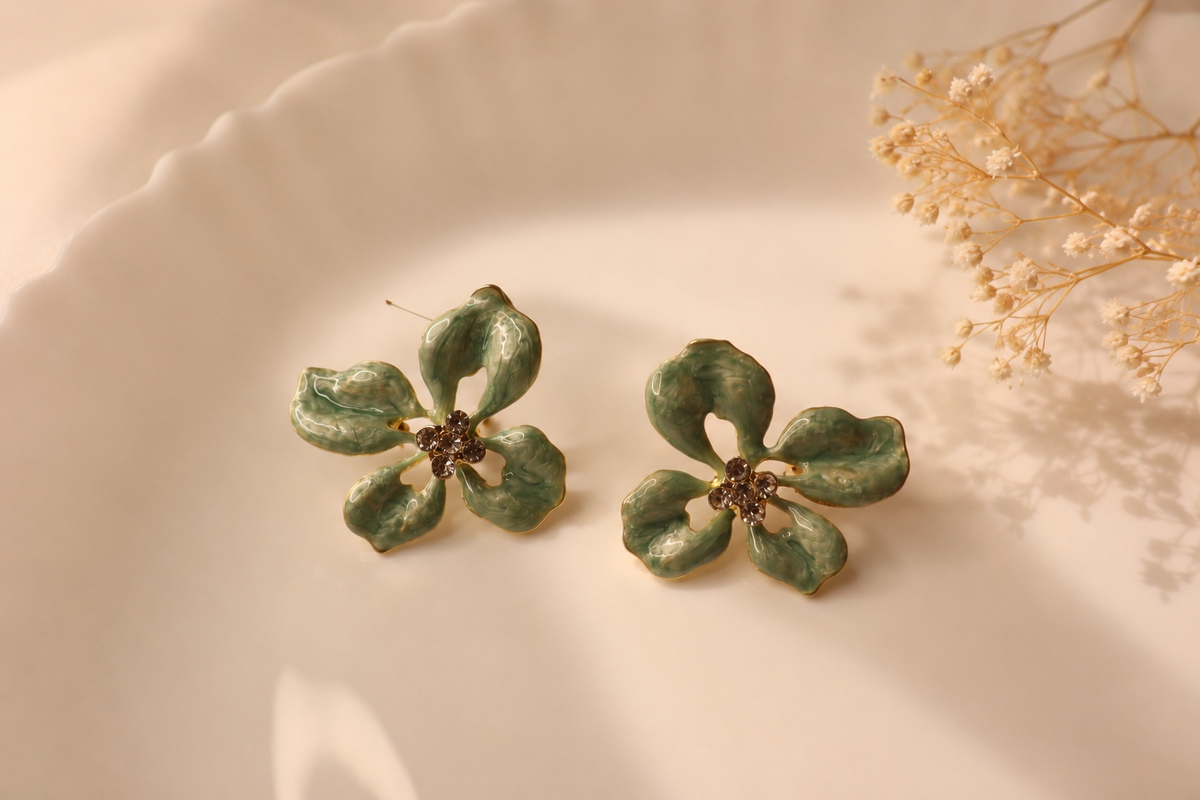 Sage Bloom Anti-Tarnish Enamel Earrings | Floral Statement Stud Earrings | Elegant Flower Earrings for Women