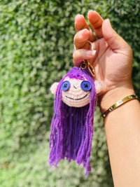 Crochet Doll Keychain with Purple Yarn Hair and Button Eyes, Cute Doll Bag Charm & Backpack Charm for Girls, Boys & Gifting