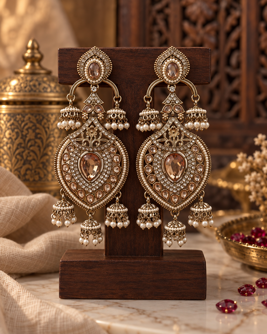 Jhumka Earrings for Women, Traditional Indian Ethnic Jewellery with Pearl Beads & Crystal-Style Stones, Long Statement Earrings for Wedding & Festive Wear
