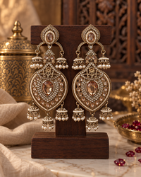 Jhumka Earrings for Women, Traditional Indian Ethnic Jewellery with Pearl Beads & Crystal-Style Stones, Long Statement Earrings for Wedding & Festive Wear