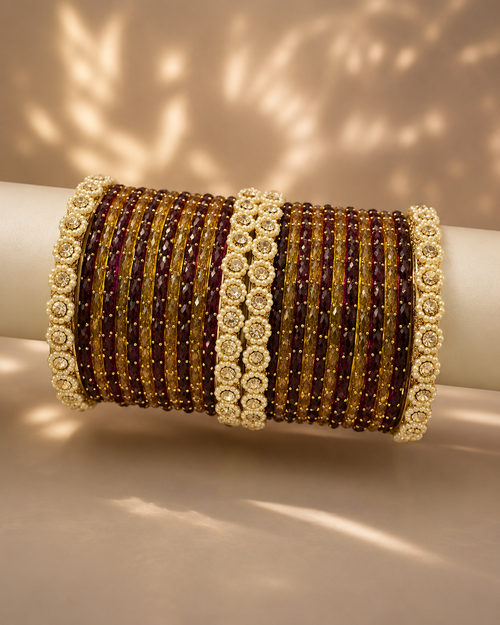 Royal Purple & Gold Designer Bangles Set with Pearl Accents