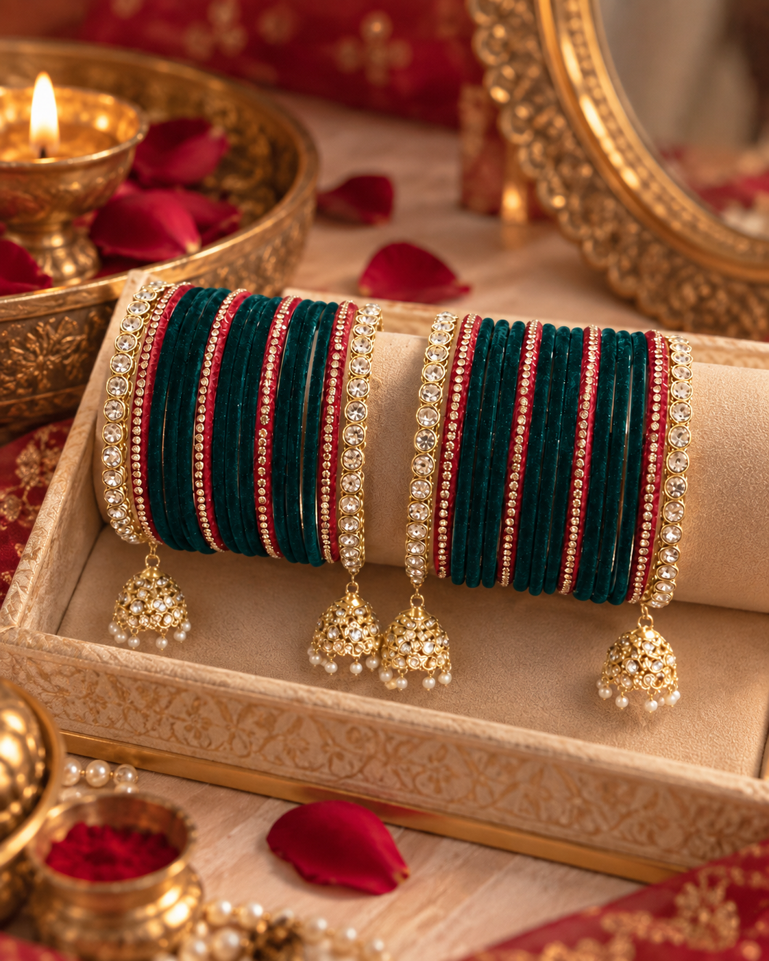 Designer Teal Green & Magenta Bangle Set for Women, Stone Studded Kangan Chooda with Gold-Tone Detailing, Bridal Wedding Jewellery for Festive Wear, Sizes 2.4 2.6 & 2.8