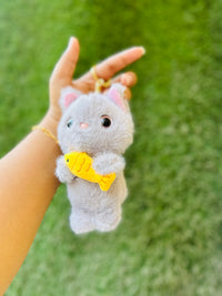 Cute Cat Plush Keychain with Fish | Soft Furry Cat Bag Charm & Keyring | 3 Colour Variants
