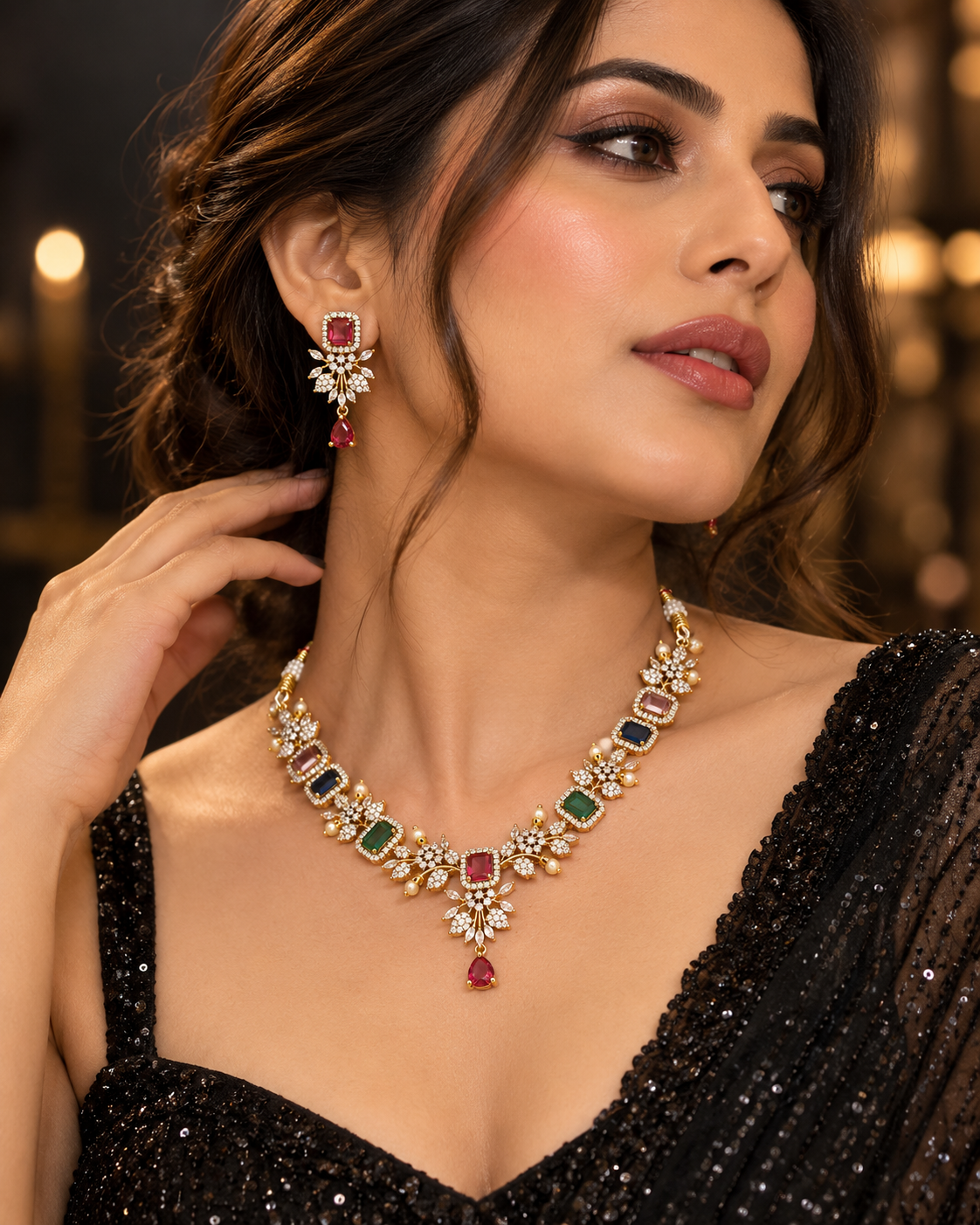 Premium Festive Indian AD Necklace Set with Earrings & Bangle Set, Multicolor Stone Heavy Look Jewellery Set for Women, Karwa Chauth, Wedding, Diwali & Party Wear- 2.6 & 2.8